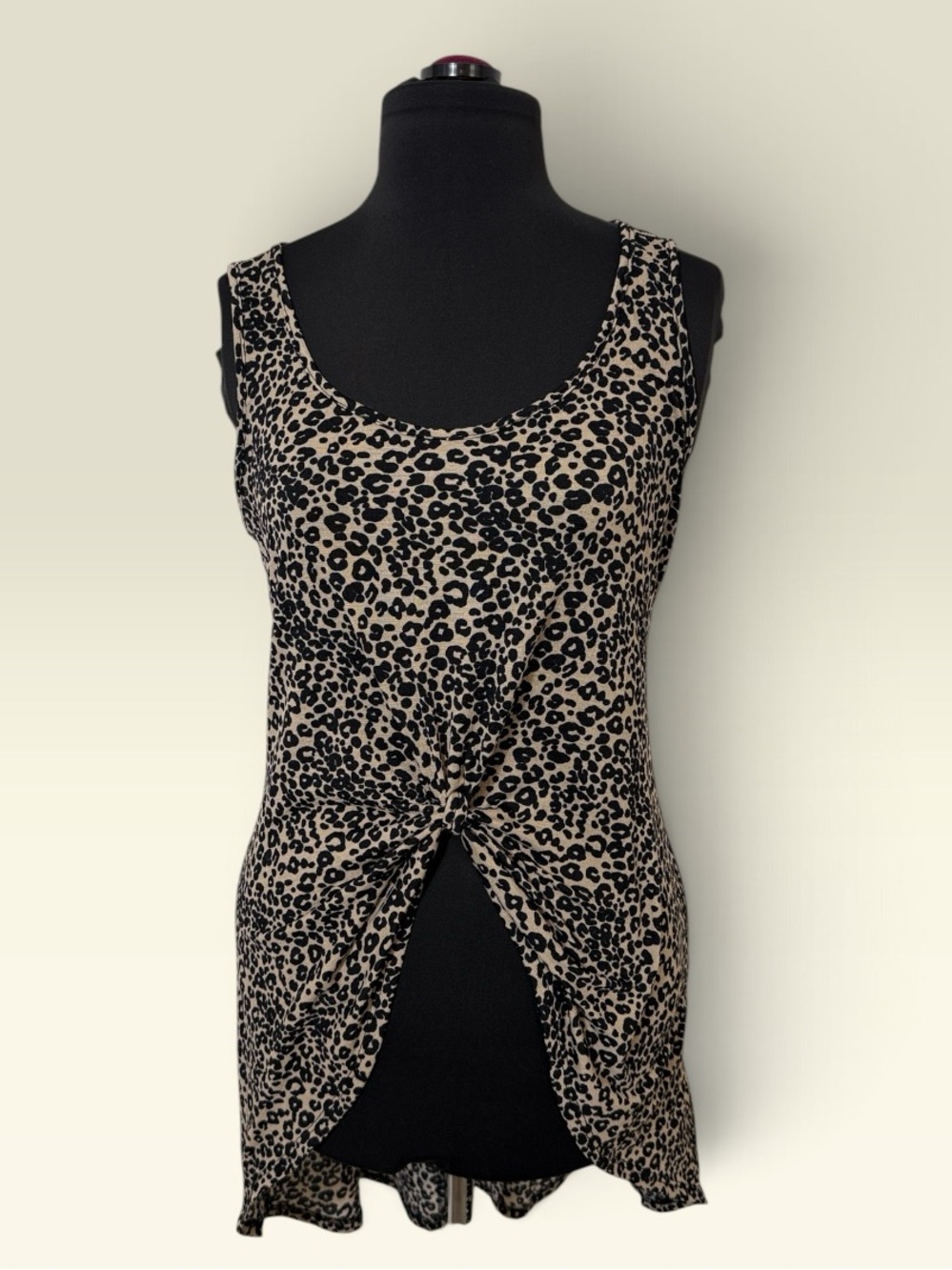 Leopard Print Twist-Front Asymmetrical Tank Top - Beige/Black